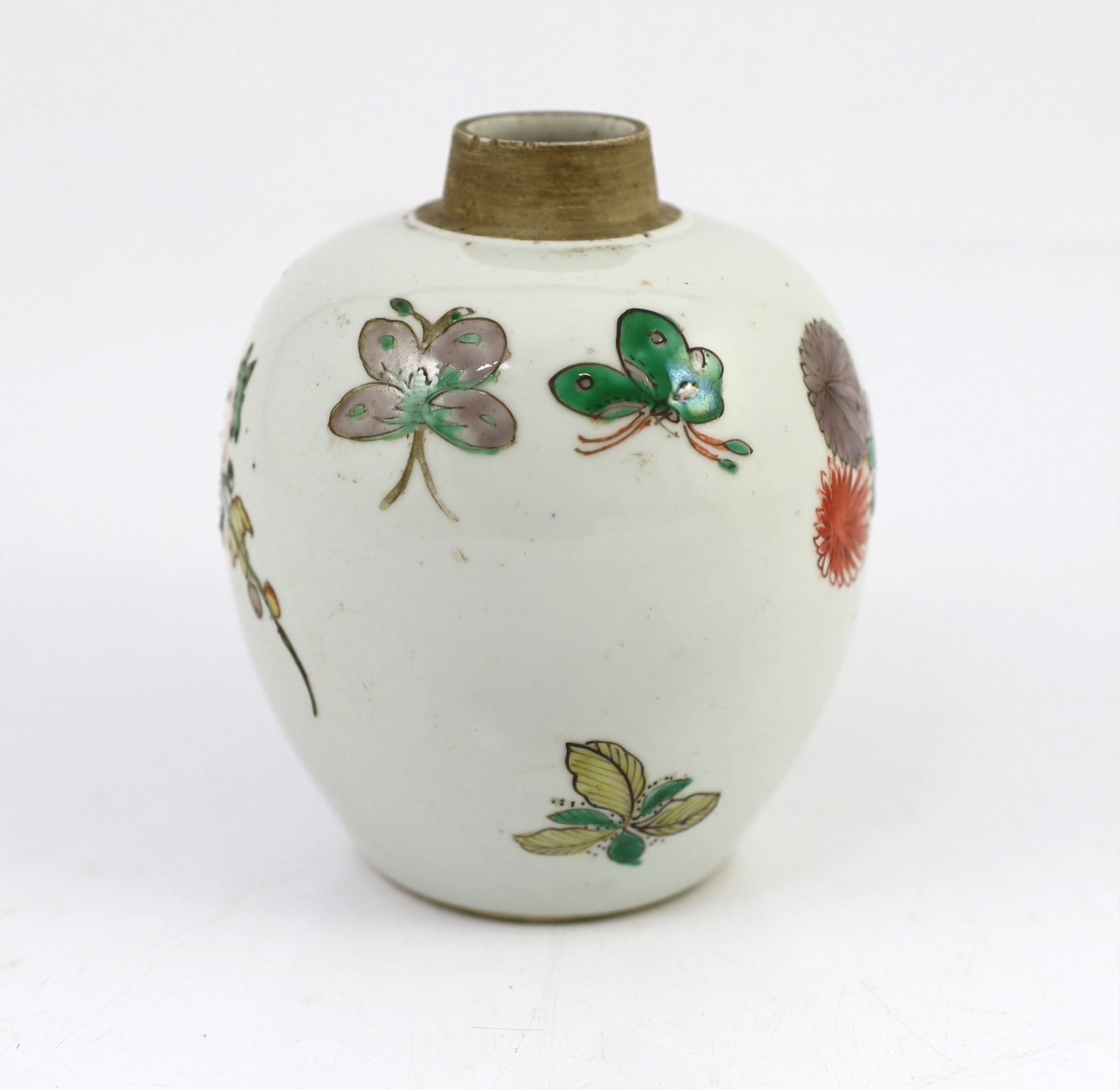 A Chinese famille verte small ovoid jar, Kangxi period, some wear to the iron red enamel